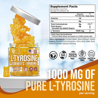Joyli Nutrition L-Tyrosine Gummies 1000mg - Calm and Focus Supplement - Sugar-Free, Vegan, Gluten-Free
