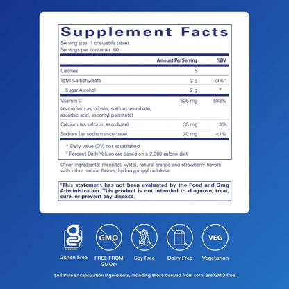 Pure Encapsulations Vitamin C Chewables | Immune and Antioxidant Support | 60 Chewable Tablets | Natural Orange-Strawberry Flavour