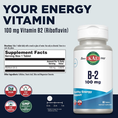 KAL Vitamin B2 100mg - Riboflavin Supplement for Energy Metabolism