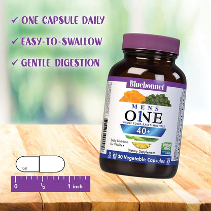 BlueBonnet Nutrition Men's ONE 40+ Whole Food-Based Multiple, Men Multivitamin for Men 40+, Soya-Free, Non-GM, Gluten-free, Kosher, 30 Vegetable Capsules
