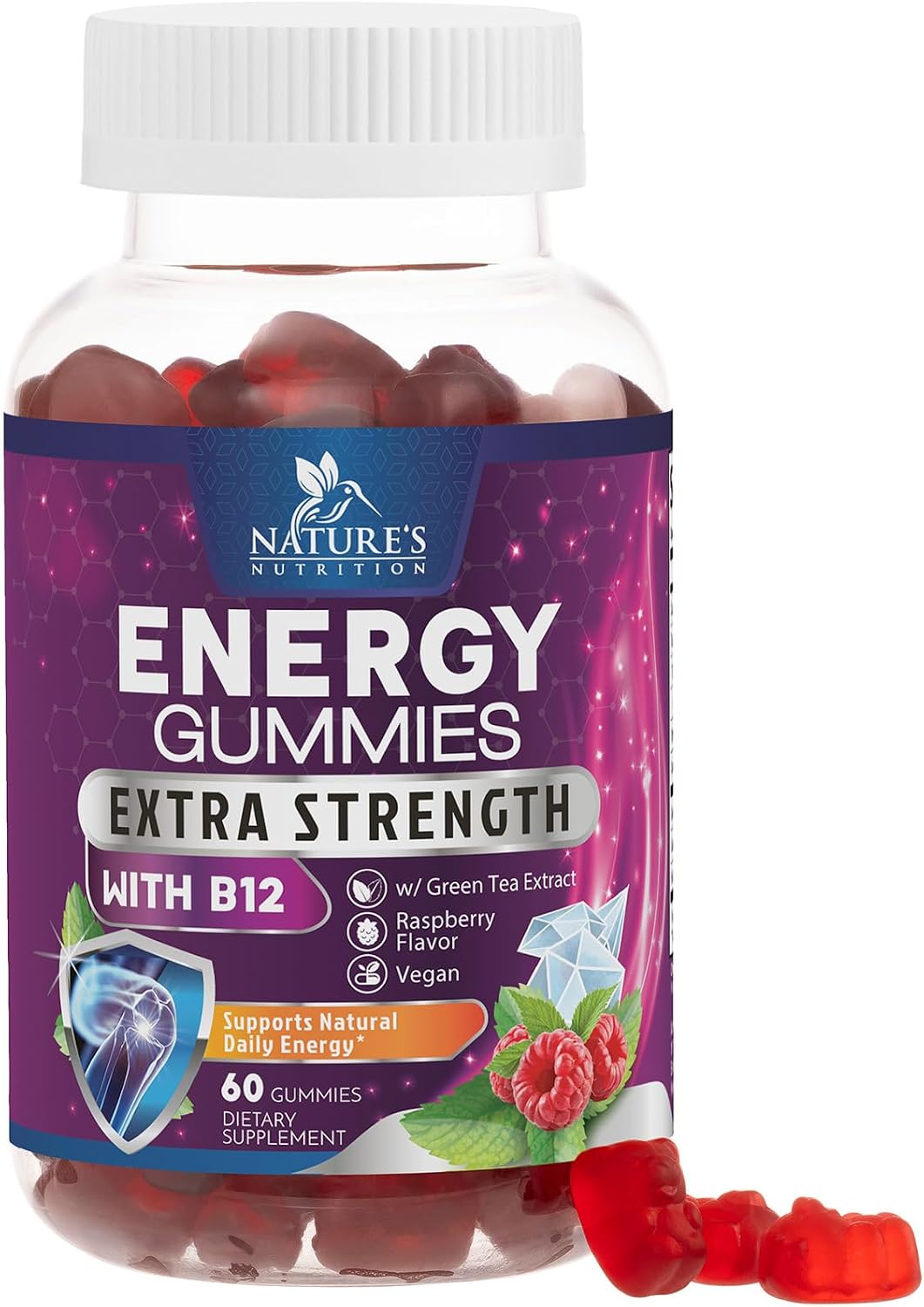 Energy Gummies with Vitamin B12 & Green Tea Caffeine - Berry Flavour - 60 Count - görsel 1
