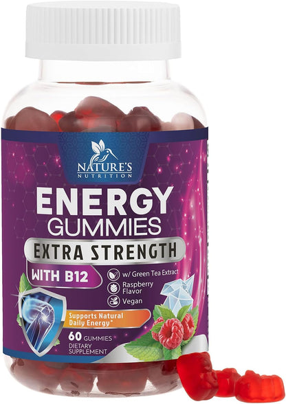 Energy Gummies with Vitamin B12 & Green Tea Caffeine - Berry Flavour - 60 Count