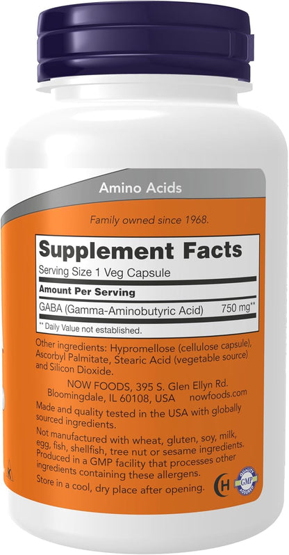 NOW Foods GABA (Gamma-Aminobutyric Acid) 750mg, 100 Vegetable Capsules