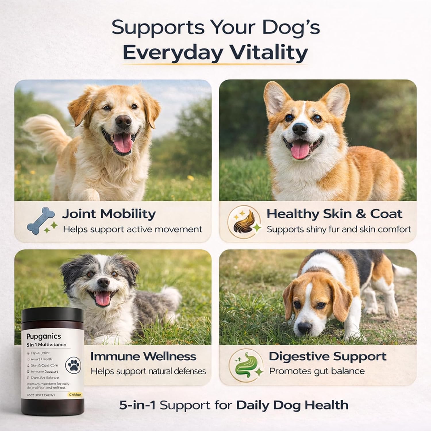 Pupganics Multivitamin Soft Chews for Dog, Dog Vitamins and Supplements for Immune System, Joint Support, Skin, Gut Health, with Probiotics, Glucosamine, Vitamin A/D3/E, Chicken Flavour, 60 Count (1) - görsel 3
