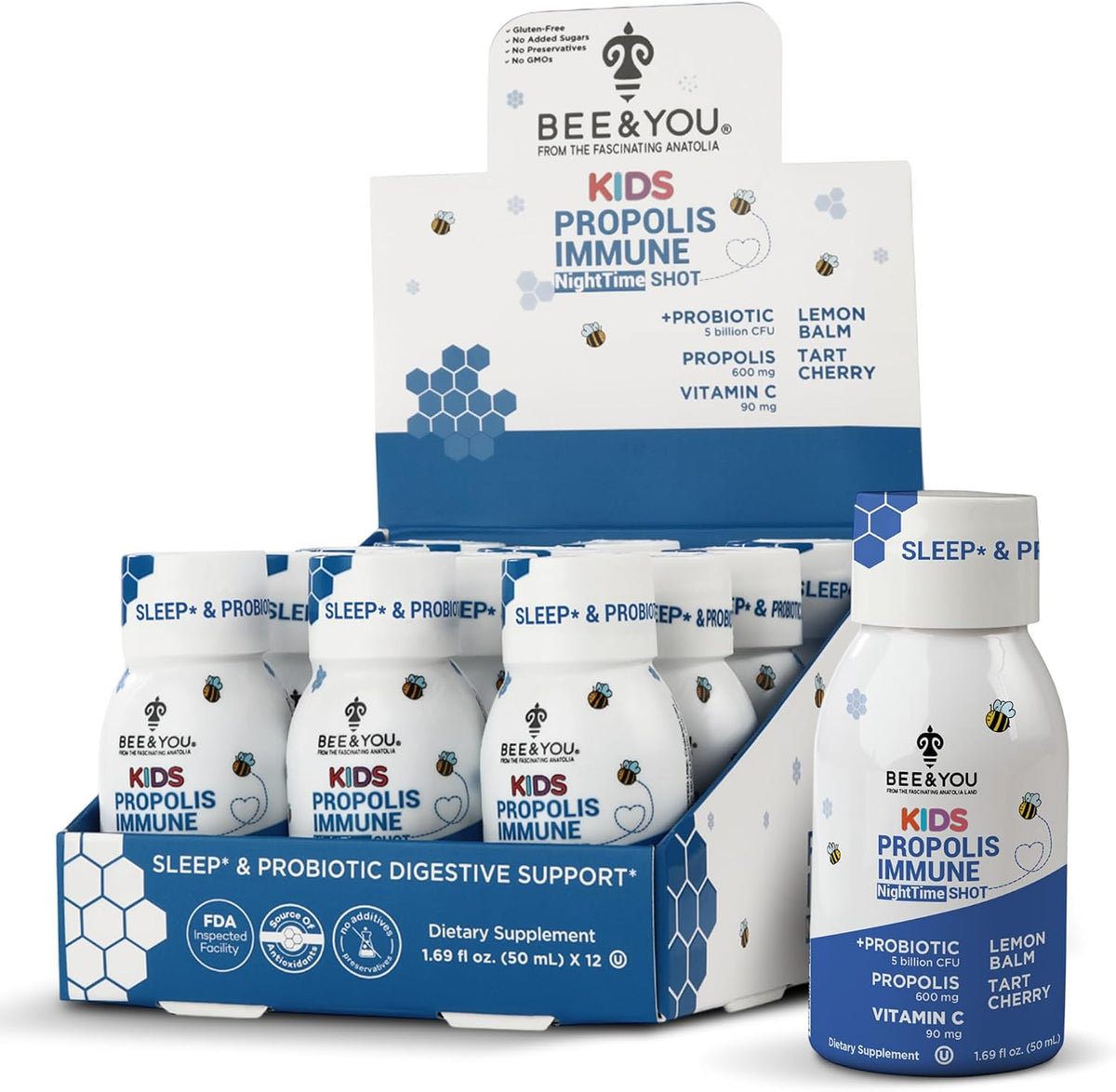 Bee and You Kids Propolis Night Time Shot – Probiotic, Lemon Balm, Tart Cherry, Sleep Support, Immune Health (50 ml, 12 Pack) - görsel 1
