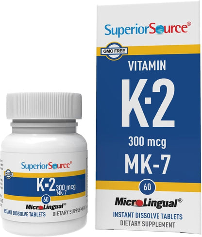 Superior Source Vitamin K2 MK-7 (Menaquinone-7), 300 mcg – Bone Health & Normal Blood Clotting Supplement – Bariatric-Friendly – 60 Sublingual Dissolving Tablets