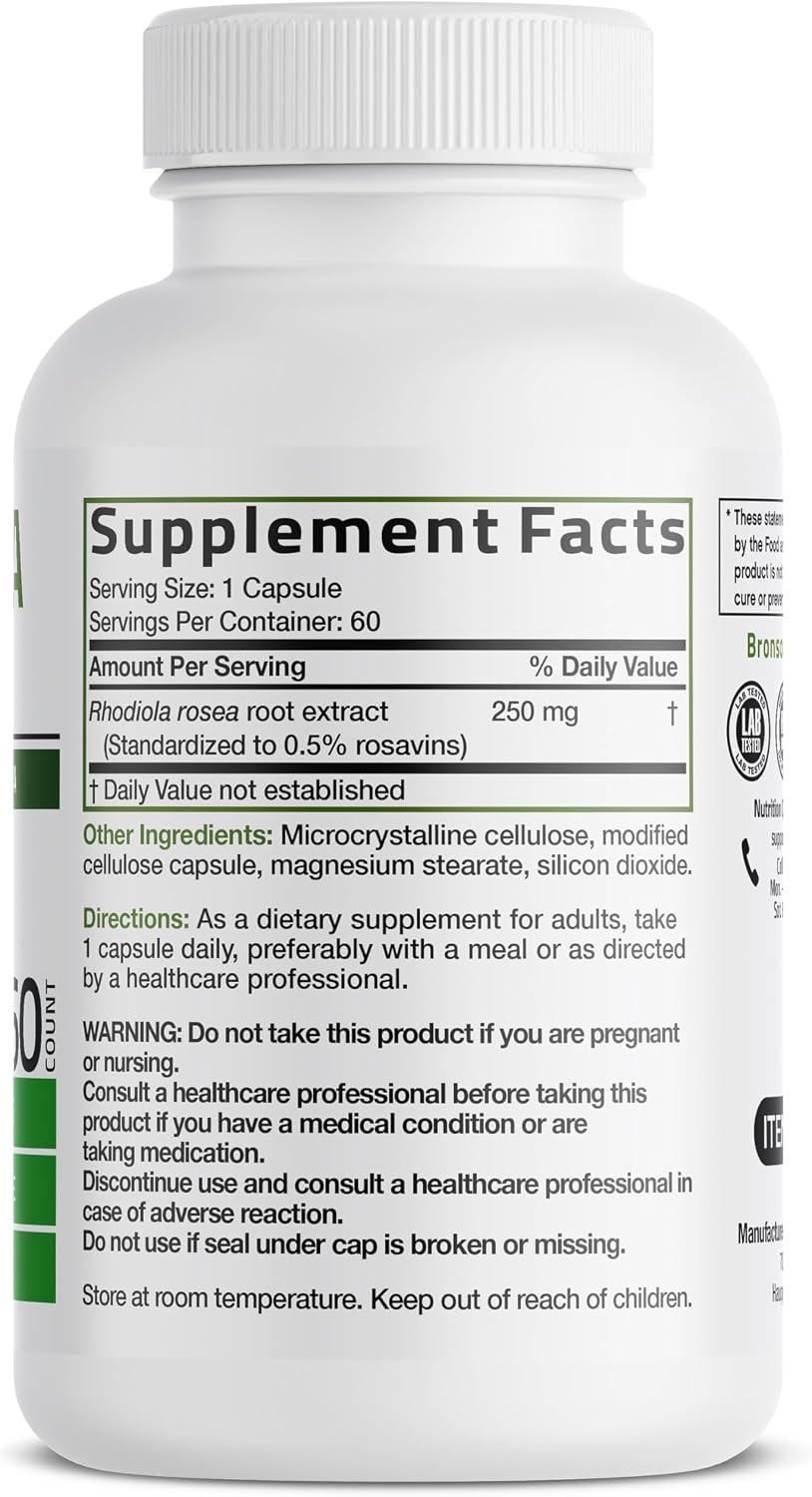 Bronson Rhodiola Rosea Vegetarian Capsules – Adaptogenic Herb – Brain, Stress & Mood Support – Non-GM, 60 Count - görsel 2