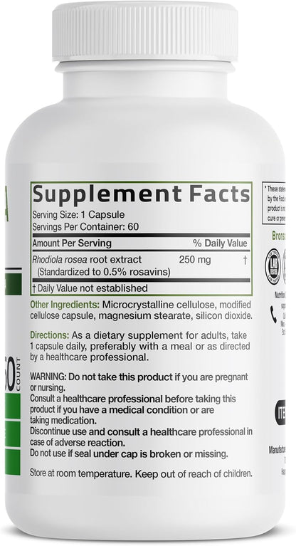 Bronson Rhodiola Rosea Vegetarian Capsules – Adaptogenic Herb – Brain, Stress & Mood Support – Non-GM, 60 Count