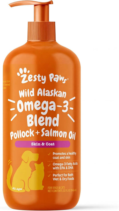 Zesty Paws Salmon Omega Oil + Hemp for Dogs and Cats – Wild Alaskan Salmon Oil with Hemp Seed Oil, Omega-3 EPA & DHA, 16 oz
