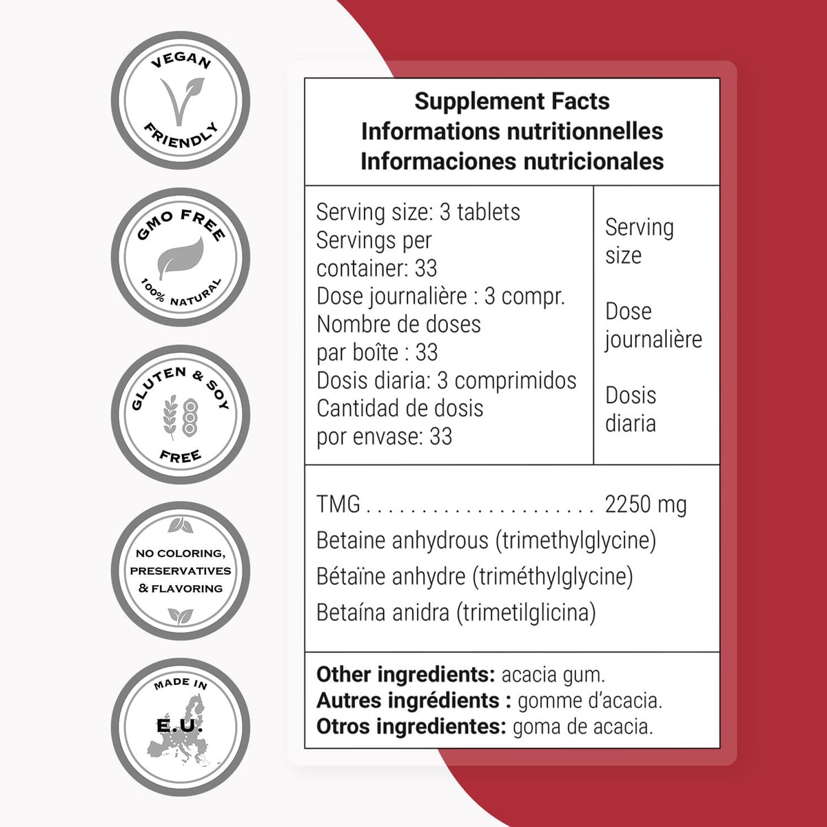 Supersmart TMG 2250 mg - High-Strength Trimethylglycine Supplement (100 Tablets) - görsel 4