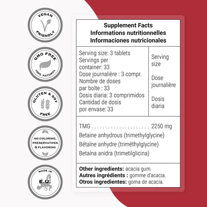 Supersmart TMG 2250 mg - High-Strength Trimethylglycine Supplement (100 Tablets)