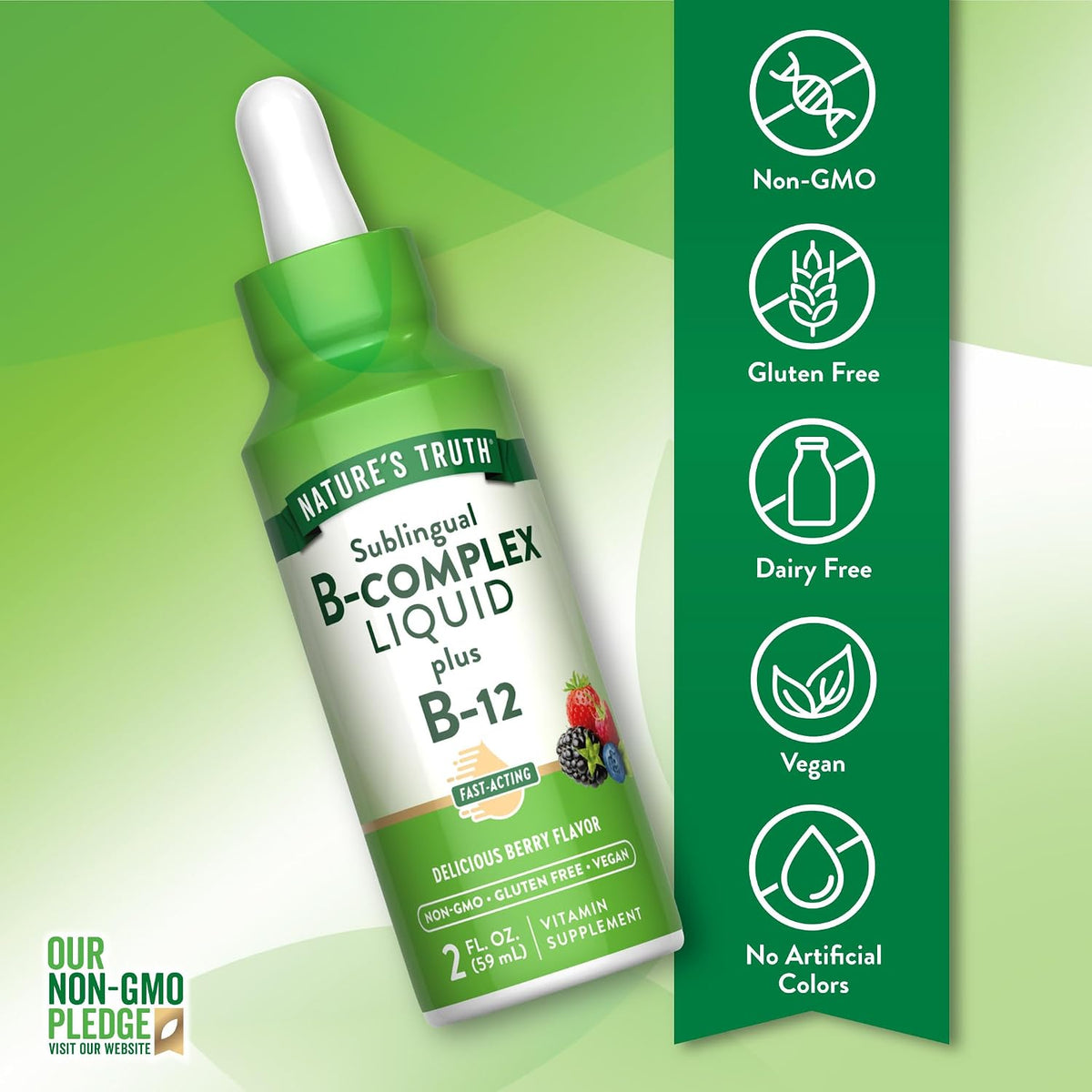 Nature's Truth Sublingual B Complex | with B12 | 59 ml | Berry Flavour | Vegan, Non-GMO & Gluten-free Food Supplement - görsel 3