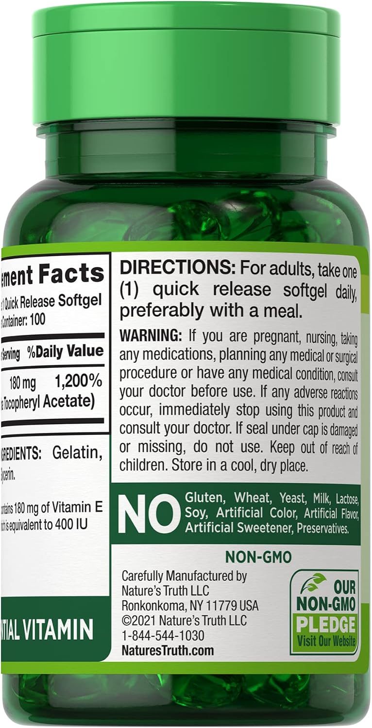 Nature's Truth High Potency Vitamin E 400 IU Quick Release Soft gel capsules - 100 Count, Pack of 2 - görsel 2