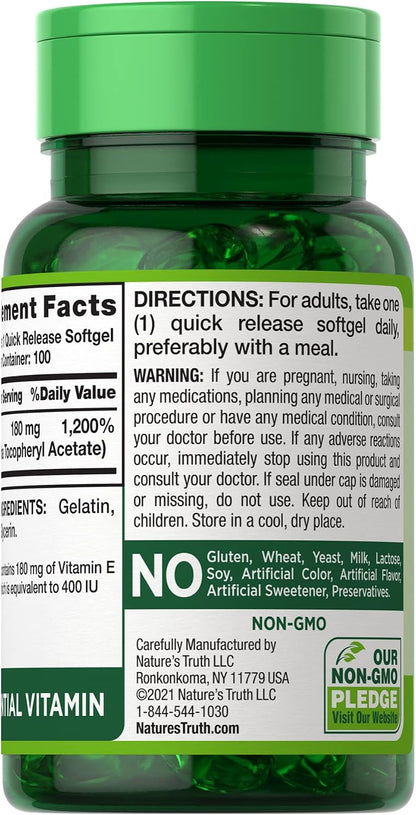 Nature's Truth High Potency Vitamin E 400 IU Quick Release Soft gel capsules - 100 Count, Pack of 2