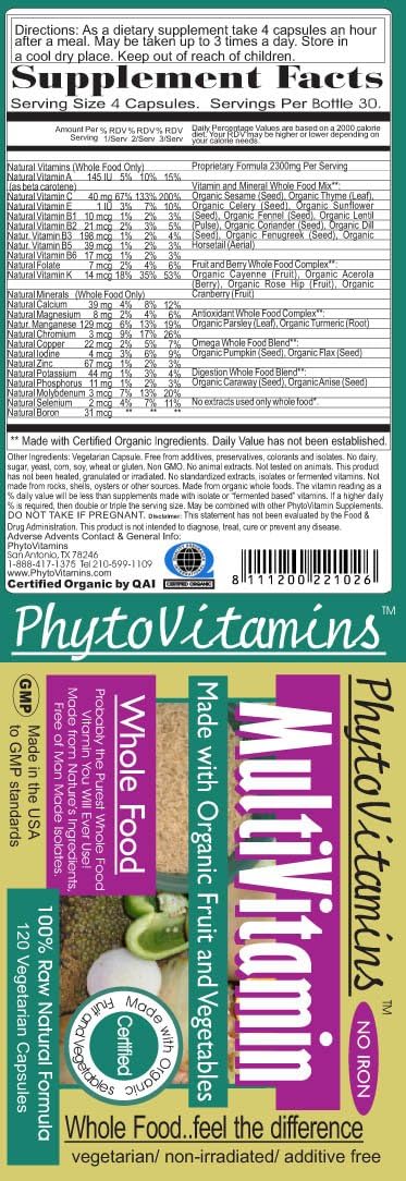 Organic Whole Food Multivitamin (No Iron) by PhytoVitamins - 120 Vegetarian Capsules - görsel 2