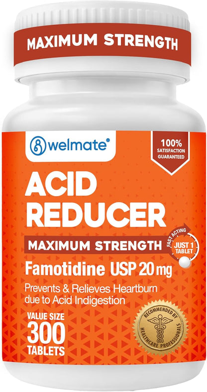 WELMATE Famotidine Acid Reducer 20 mg - Maximum Strength Heartburn Relief - 100 Tablets