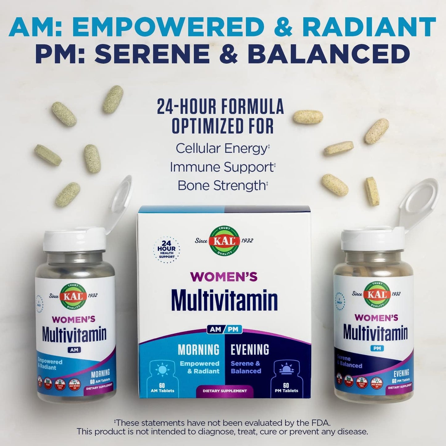 KAL Women's Multivitamin AM/PM - 2-in-1 Multivitamin with Ashwagandha, Silica, Organic Spirulina and GABA - Vegan - 120 Tablets - görsel 5