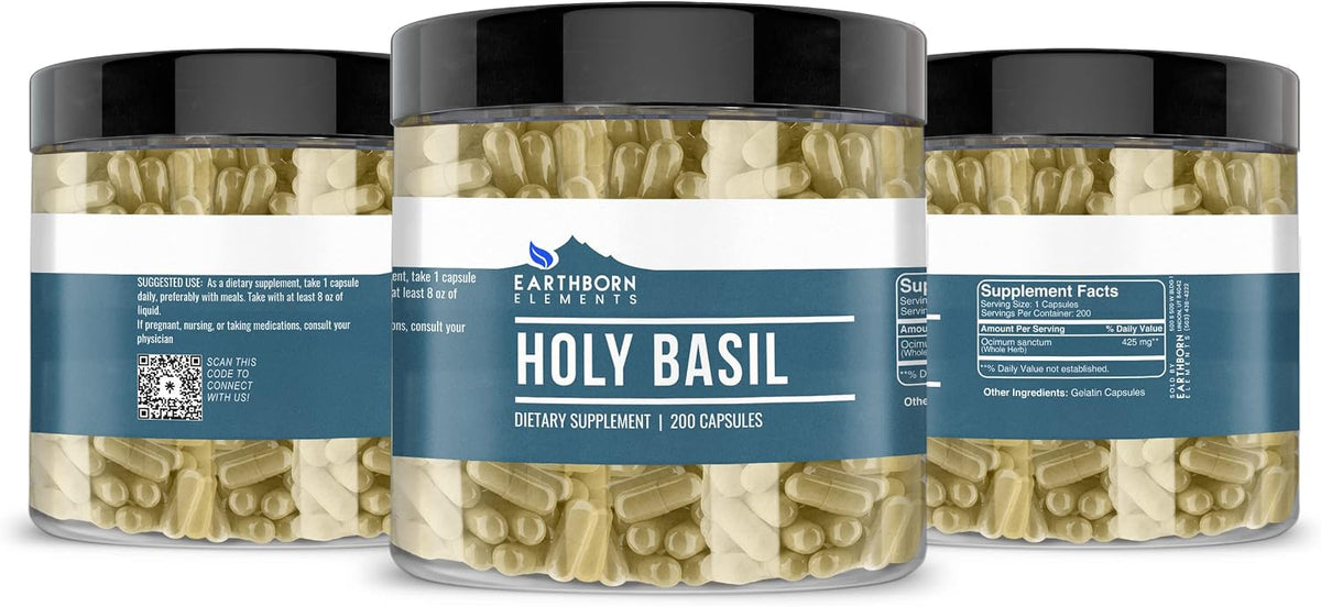 Earthborn Elements Holy Basil (Tulsi) 200 Capsules, Pure & Undiluted, No Additives - görsel 2
