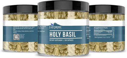 Earthborn Elements Holy Basil (Tulsi) 200 Capsules, Pure & Undiluted, No Additives