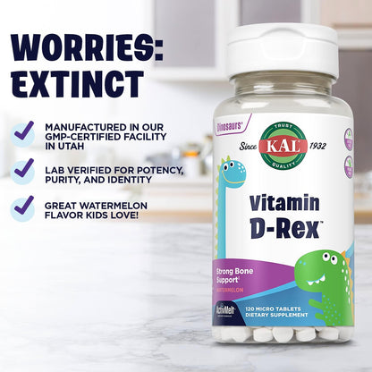 KAL Vitamin D-Rex Children's Vitamin D3 600 IU Instant Dissolve Micro Tablets, Natural Watermelon, 120 Tablets