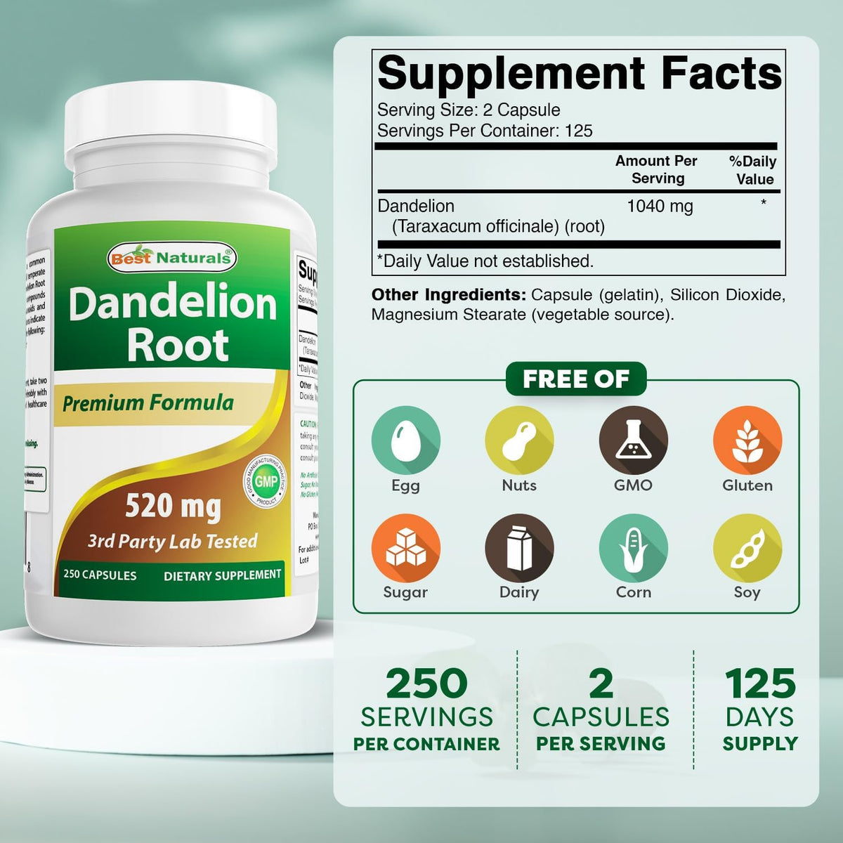 Best Naturals Dandelion Root 520 mg, 250 Capsules - görsel 2