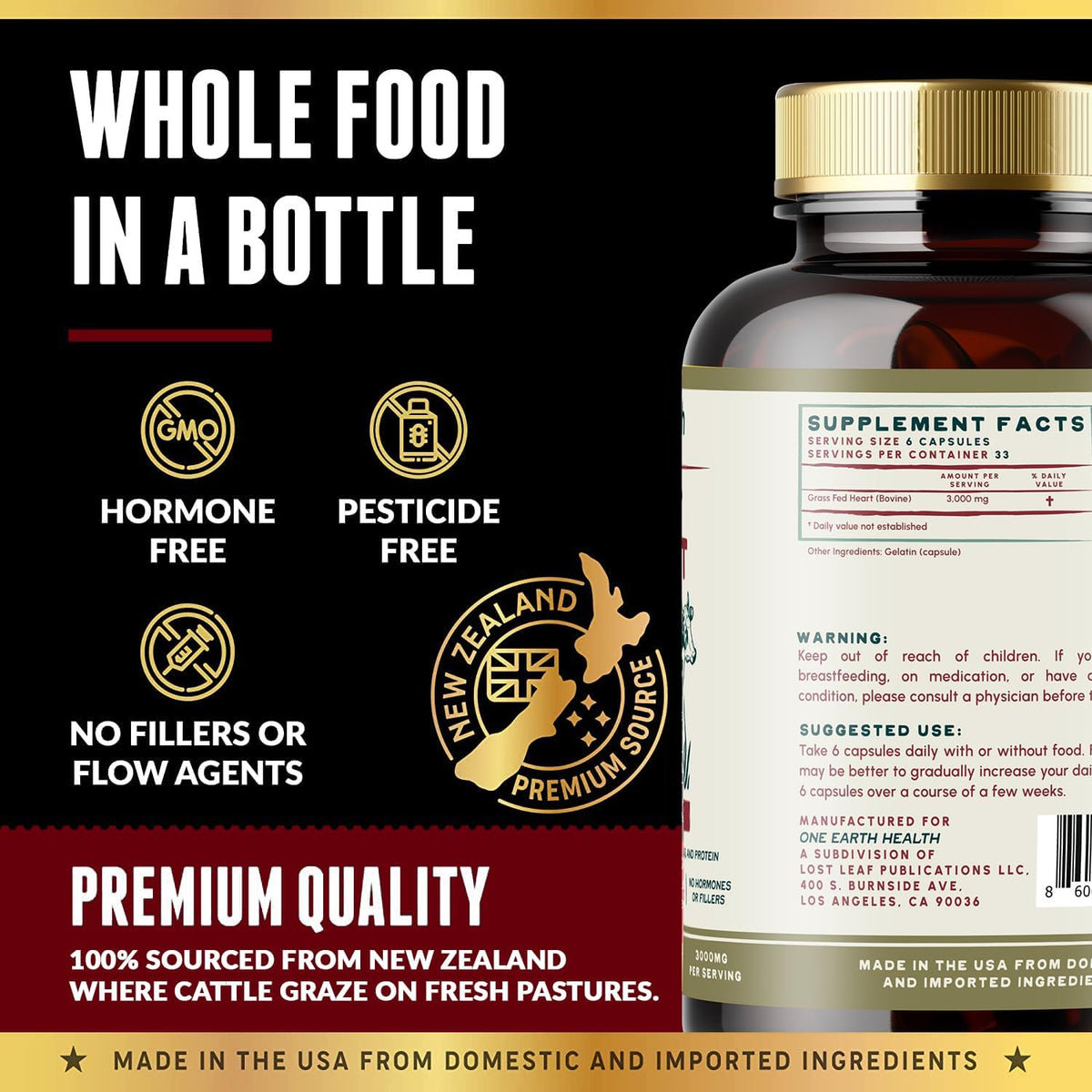 One Earth Health Grass-fed Beef Heart - New Zealand Sourced Heart. 3,000 mg per Serving, 200 Capsules - görsel 5