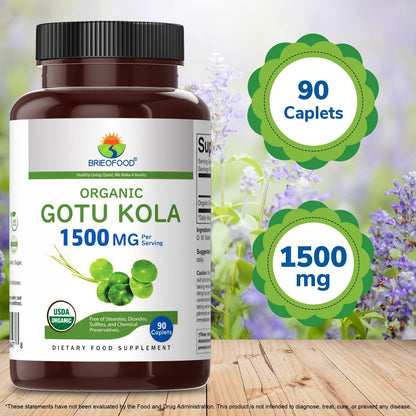 Brieofood Organic Gotu Kola 1500mg, 45 Servings, Vegetarian, Gluten-free, 90 Vegetarian Tablets
