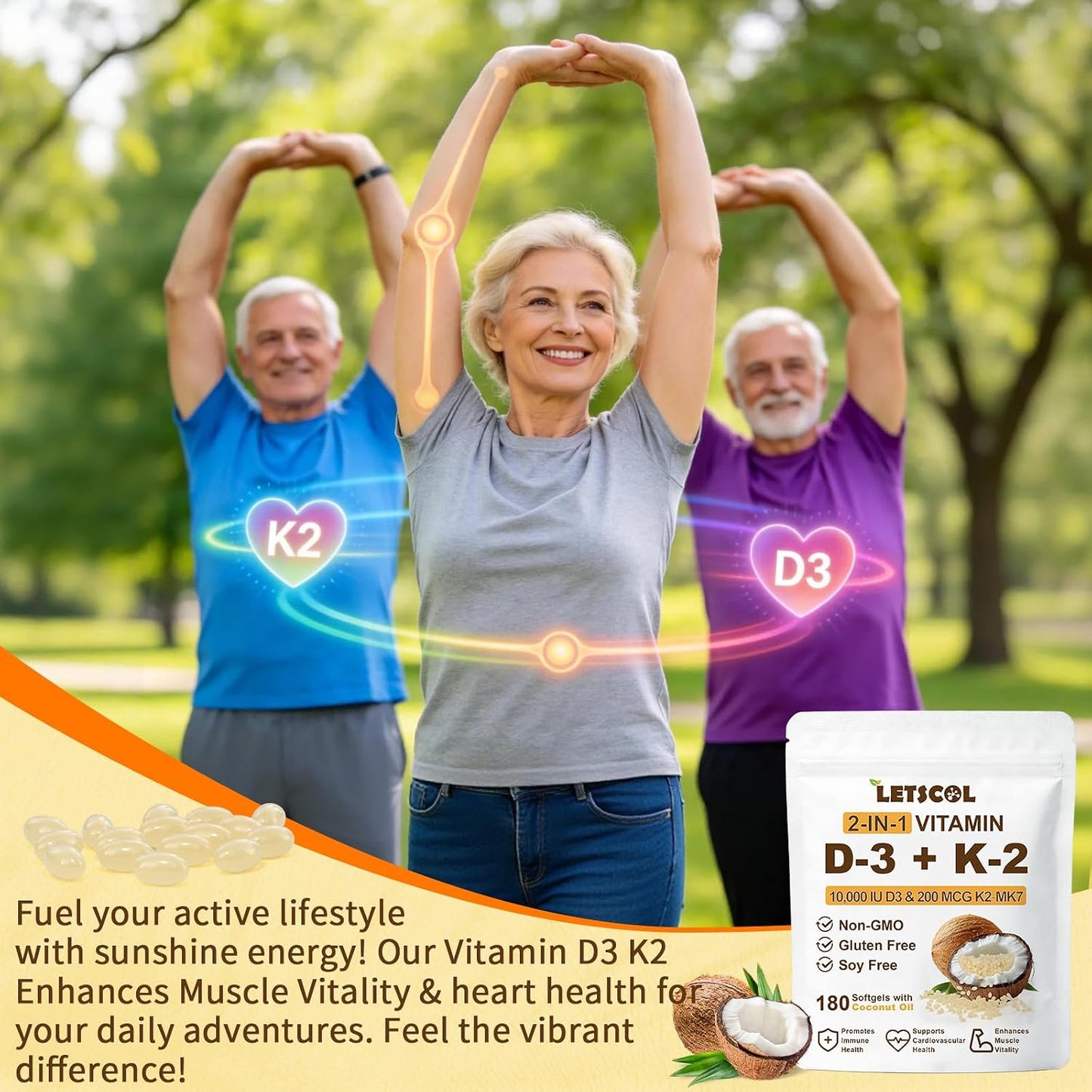 LETSCOL 2-in-1 Vitamin D3 K2 Soft gel capsules - 10000 IU D3 & 200 mcg K2 MK-7 - görsel 7