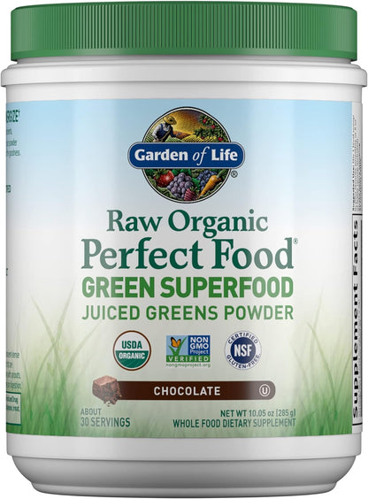 Garden of Life Raw Organic Perfect Food Green Superfood Juiced Greens Powder - Chocolate, 30 Servings - Non-GMO, Gluten-free, Vegan Whole Food Supplement, Plus Probiotics & Enzymes