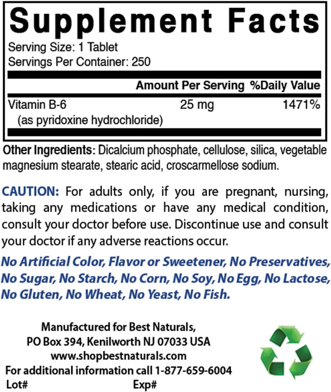 Best Naturals Vitamin B6 25mg 250 Tablets (Pack of 3) - görsel 2