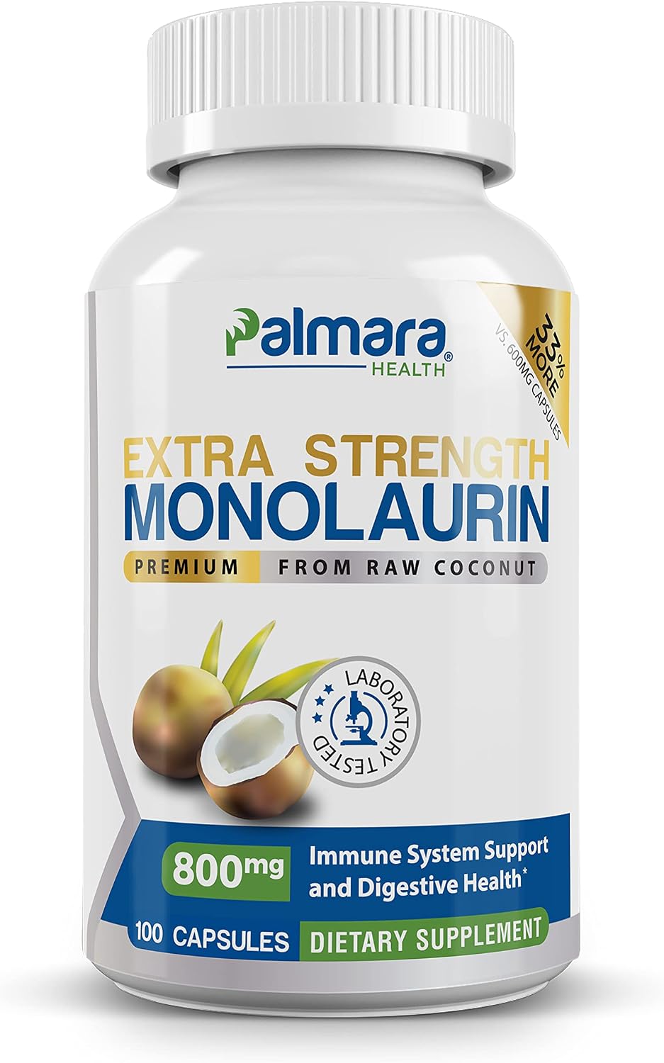 Palmara Health Extra Strength Monolaurin, 1600 mg per Serving, 800 mg per Capsule, 100 Capsules - görsel 1