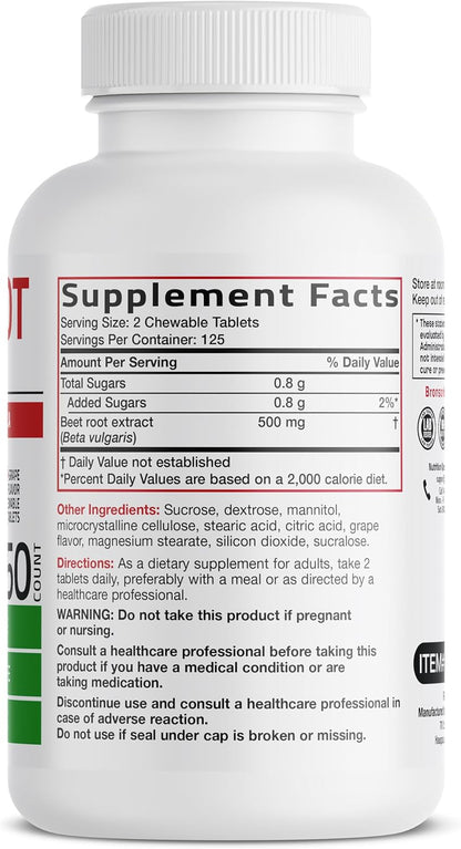 Bronson Beet Root Chewables, Grape Flavoured - Extra Strength, Non-GMO, 250 Chewable Tablets