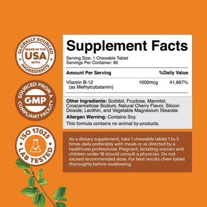 Natures Craft Chewable B12 Vitamin 1000mcg - Methylcobalamin - Cherry Flavour - 60 Count