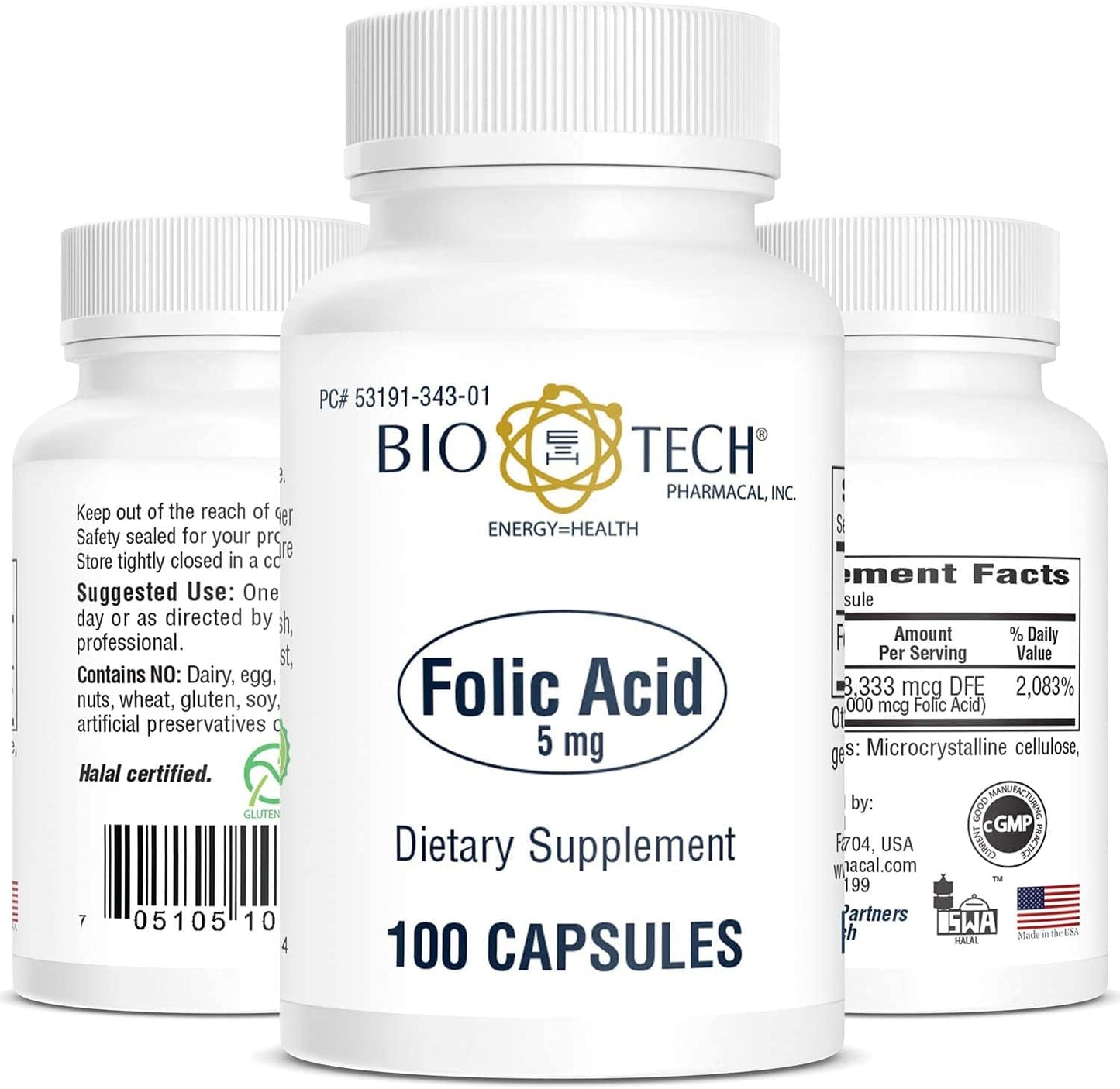 Bio-Tech Pharmacal Folic Acid (5 mg), 100 Capsules – High Potency Vitamin B9 Supplement - görsel 1