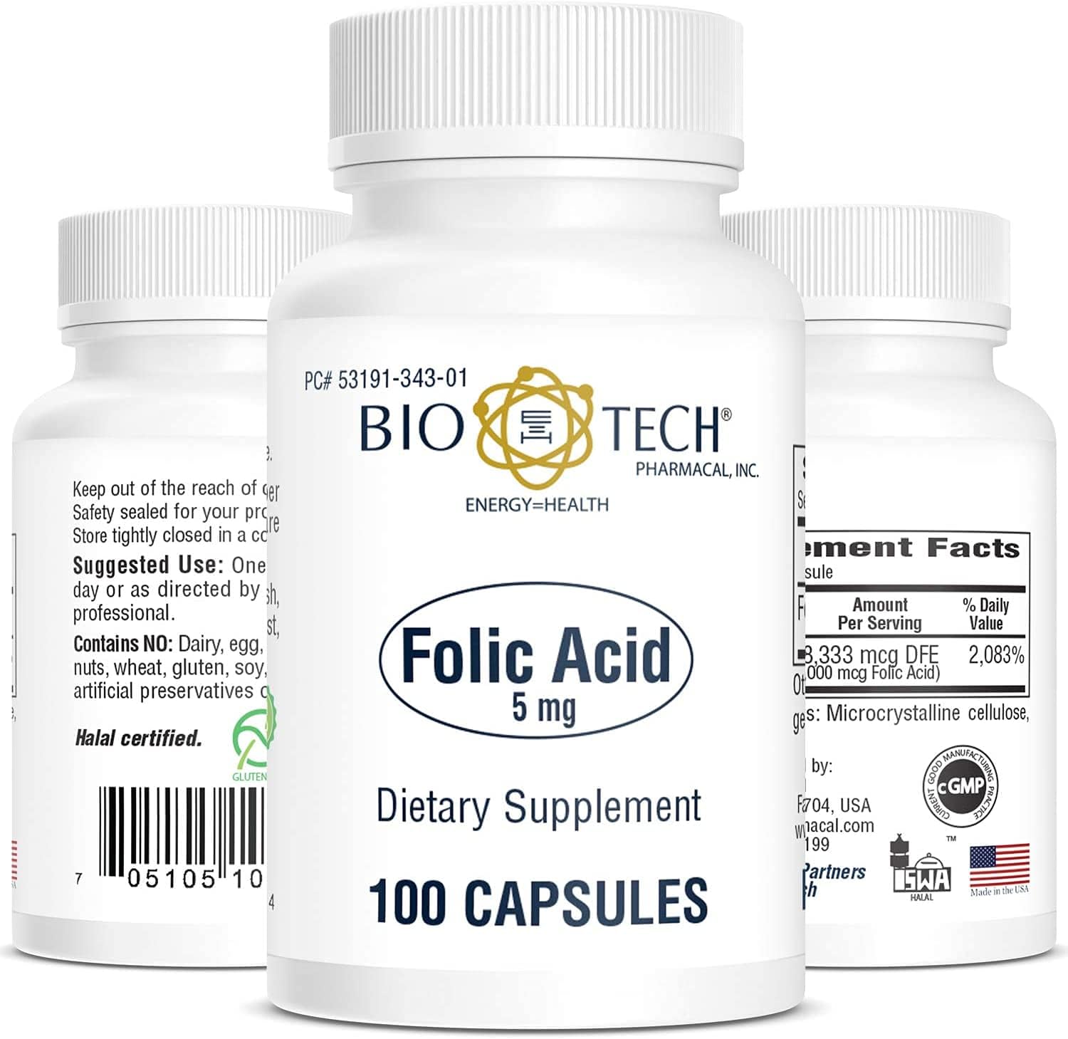 Bio-Tech Pharmacal Folic Acid (5 mg), 100 Capsules – High Potency Vitamin B9 Supplement - görsel 1