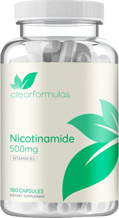 Vitamin B3 Nicotinamide 500mg – Flush Free Niacin Supplement for Energy, Skin & Nervous System Support – NAD Precursor – 180 Capsules