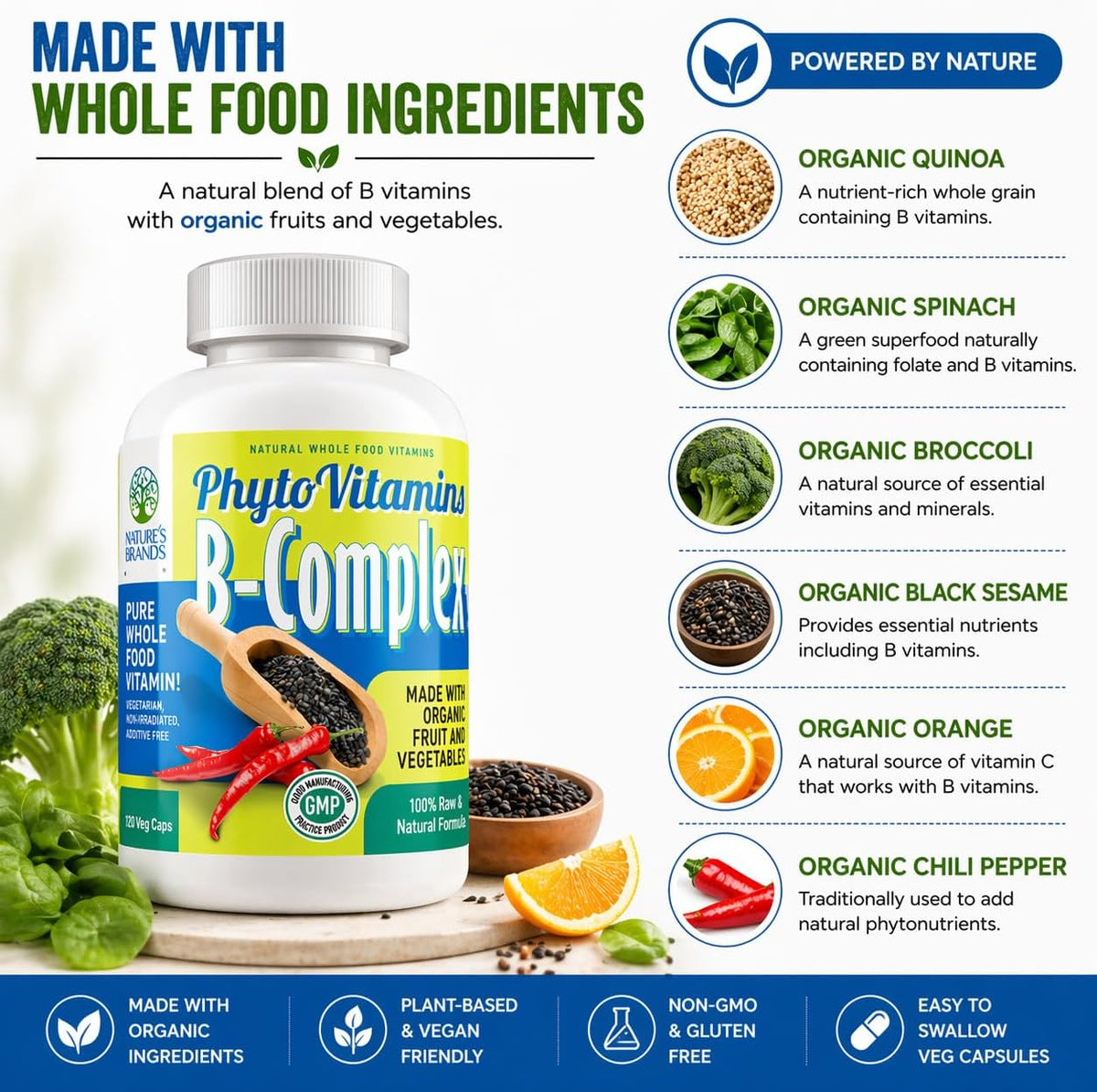 Nature's Brands Organic Whole Food Vitamin B Complex - 120 Vegetarian Capsules - görsel 3