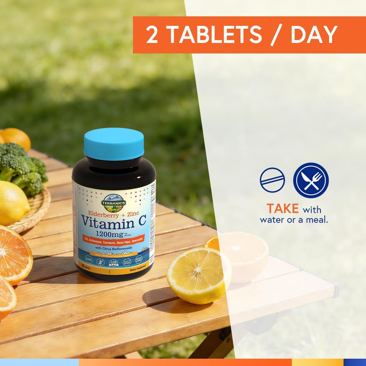 Terranics Vitamin C Elderberry Zinc, with Vitamin D3, A, B6, B12, Folate, Rose Hips, Citrus Bioflavonoids, Turmeric, Echinacea, 14-in-1 Daily Immune Support, 90 Tablets - görsel 7