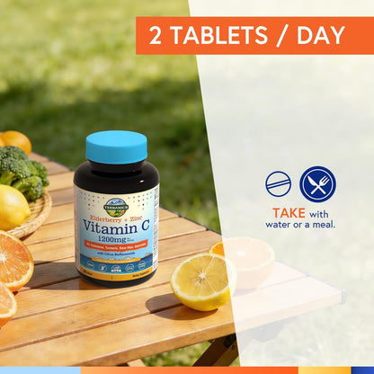 Terranics Vitamin C Elderberry Zinc, with Vitamin D3, A, B6, B12, Folate, Rose Hips, Citrus Bioflavonoids, Turmeric, Echinacea, 14-in-1 Daily Immune Support, 90 Tablets