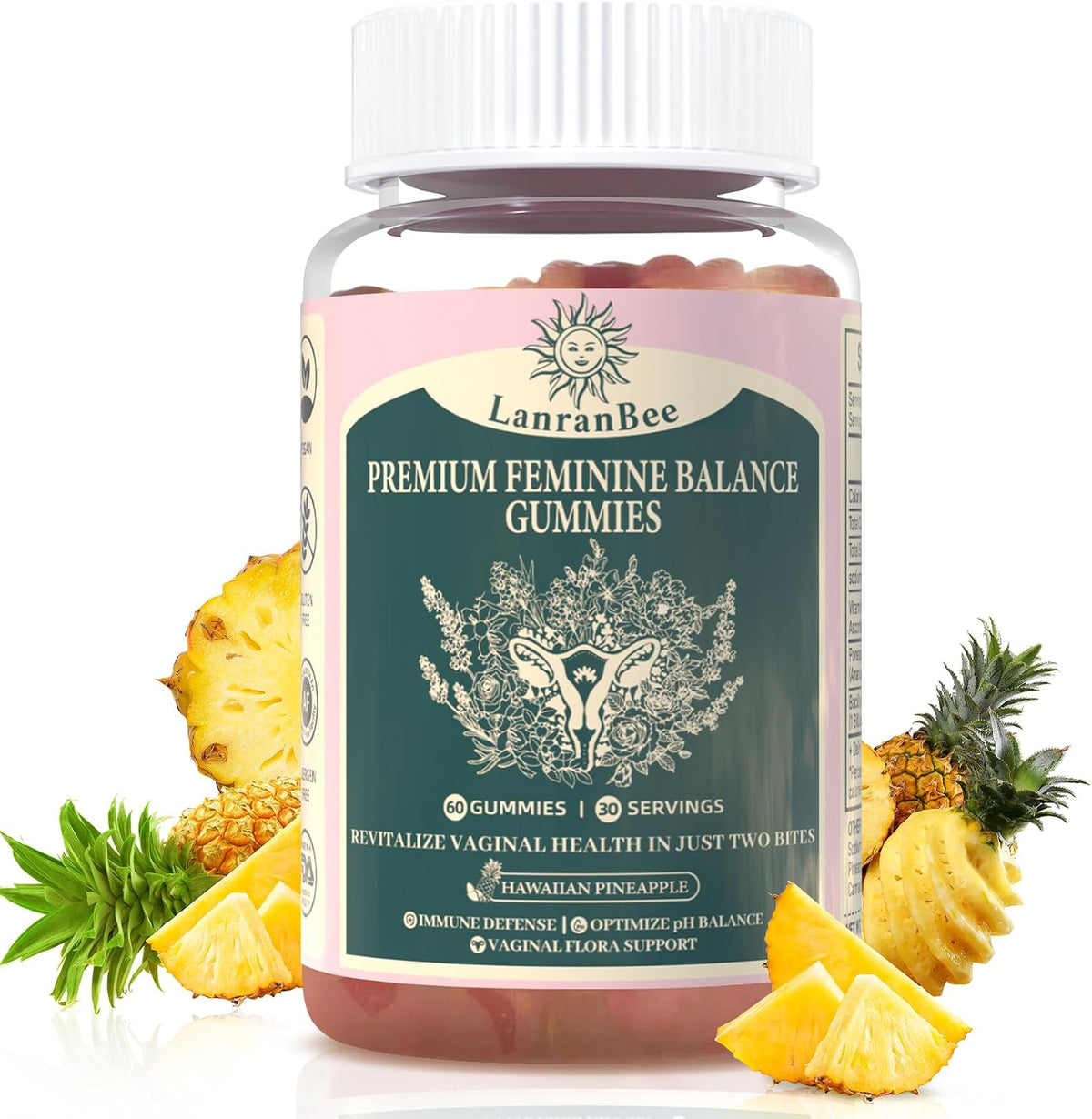 LanranBee Premium Feminine Balance Gummies - Vaginal Probiotic for Women - pH Balance & Immune Support - Hawaiian Pineapple Flavour - 60 Count - görsel 1