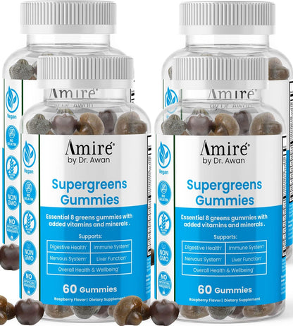 Amire Super Greens Gummies - Fruits & Veggies Supplement, Green Superfood for Immunity & Energy, 120 Gummies (60-Day Supply)