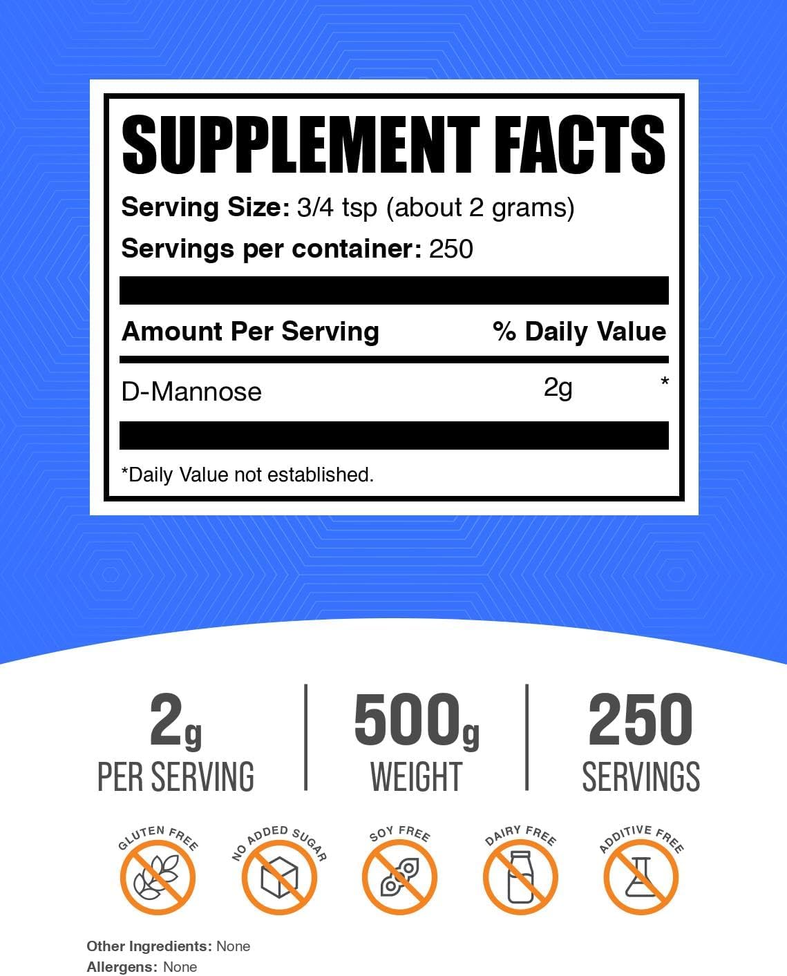 BulkSupplements.com D-Mannose Powder - Unflavoured, Gluten-free, 500g - görsel 2