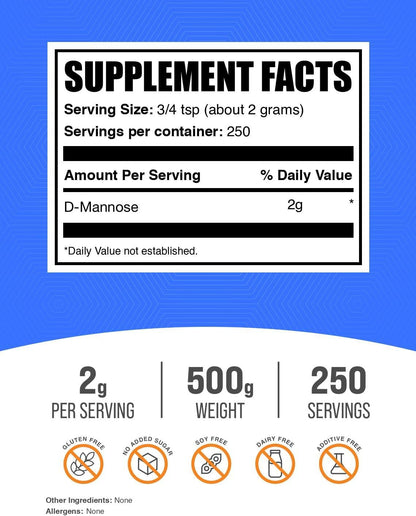 BulkSupplements.com D-Mannose Powder - Unflavoured, Gluten-free, 500g