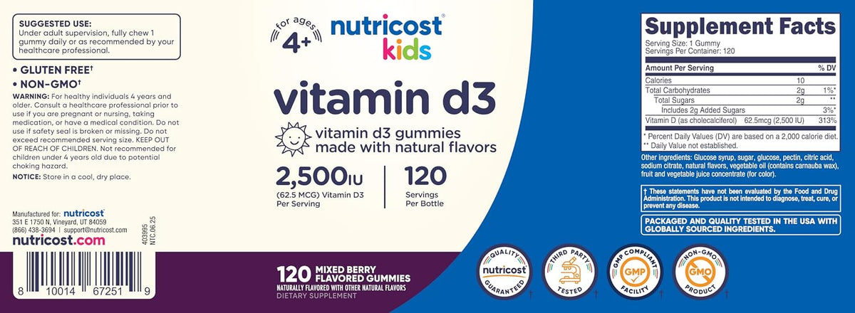 Nutricost Kids Vitamin D3 Gummies 2,500 IU (62.5 µg), 120 Gummies - Mixed Berry Flavour - görsel 6