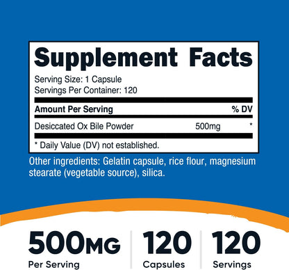 Nutricost Ox Bile Capsules 500mg (120 Capsules) - Non-GM, Gluten-free