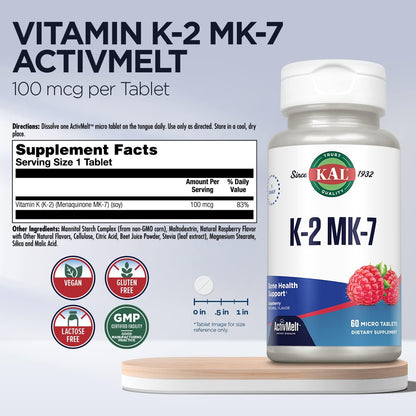 KAL Vitamin K2 MK7 ActivMelt 100 mcg Tablets - Vitamin K Supplement for Nutritional Support for Women & Men, Non-GM, Vegan, Gluten-Free - Natural Raspberry Flavour, 60 Micro Tablets