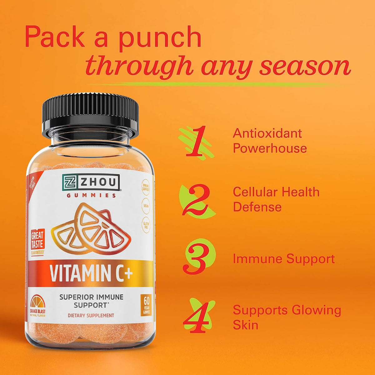 Zhou Vitamin C+ Gummies - 270 mg with Bioflavonoids, Rosehips & Acerola for Immune Support - 60 Vegan Gummies - görsel 4