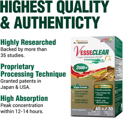 LABO Nutrition VesseCLEAR CX Nattokinase NSK-SD with Gamma Oryzanol – 90 Vegan DRcaps (45-Day Supply, 3-Pack)
