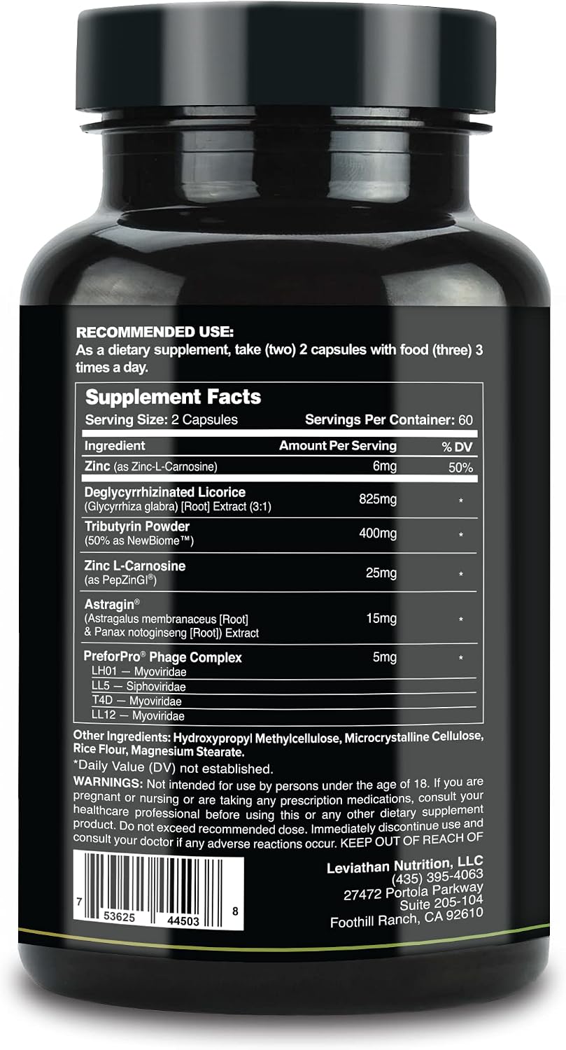 Leviathan Nutrition GI | Gut Health Support Supplement with Zinc-L-Carnosine, Butyrate & DGL - 120 Capsules - görsel 2