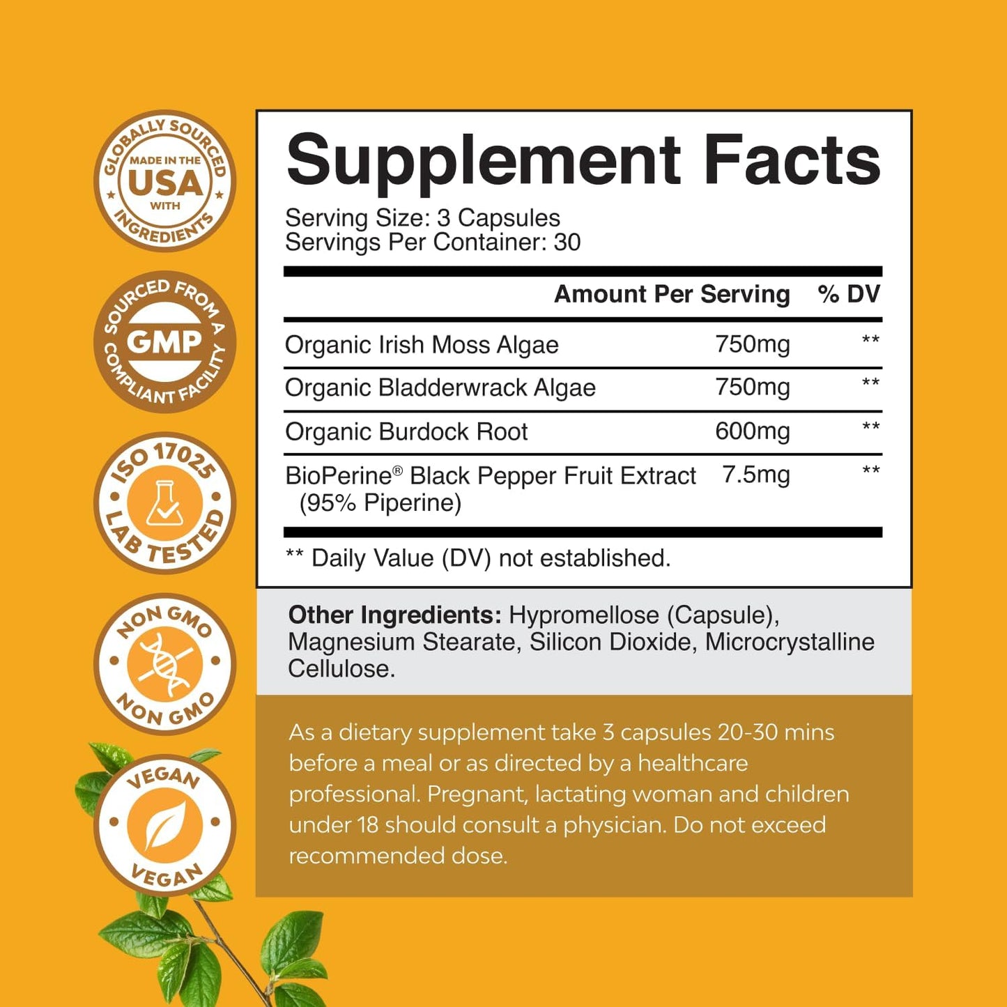 Natures Craft Irish Sea Moss Capsules – Superfood Complex with Bladderwrack, Burdock Root and BioPerine for Immune Support, Skin Health and Thyroid Support (Vegan, Non-GM, 90 Count) - görsel 7